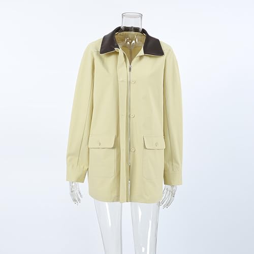 Women's Lapel Oversized Patchwork Cargo Jacket Fashion Contrast Color Loose Zip Button Coat with Big Pocket4
