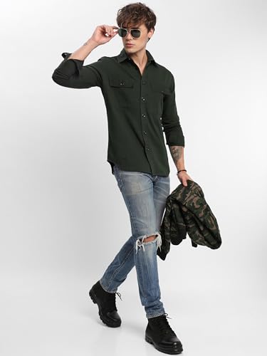 Image of Beyoung Drill Laffer Fabric Urban Shirt for Men | Regular Fit | Classic Collar | Drop Shoulder | Full Sleeves | Solid Pattern | Casual Shirt for Men
