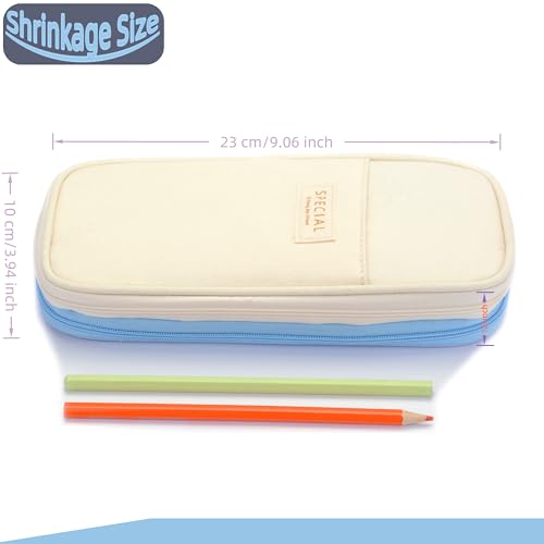 Image of Large Capacity Canvas Pencil Case Organizer Holder Pouch Bag with Zipper Compartments, Pen Cases for Women Girls School Adults (Beige /Blue)