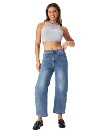 roswear Women's High Waisted Stretchy Wide Leg Cropped Barrel Jeans4
