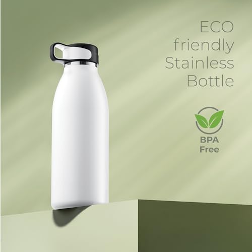 SIPX™ 25 oz Insulated Stainless Steel Water Bottle with Protective Cover Lid – Leakproof, Triple Insulated – Cold 24 Hours/Hot 12 Hours – Durable Travel Bottle for Outdoor, Gym, Daily Use – White