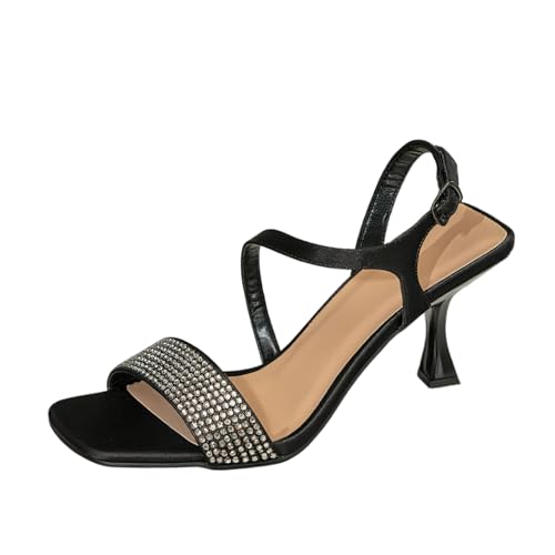 Lryweisy Glitter High Heels Women 3.5 Inch Strappy Sandals Square Open Toe Slip On Slides Comfortable Dressy Shoes