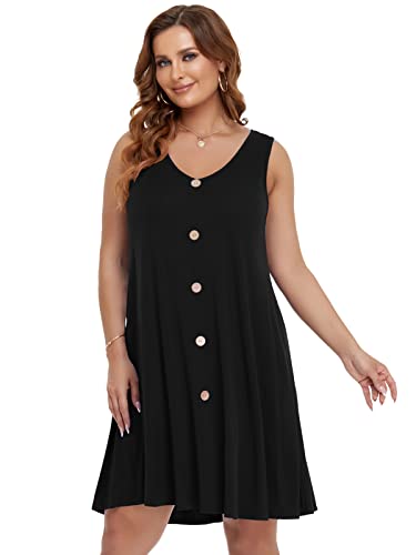 Belaroi Women Plus Size Summer Dresses Beach Tshirt Sundress Casual Swing V Neck Button Sleeveless Tank Dress Swimsuit Cover Ups With Pockets(2X,Black) #TOP1
