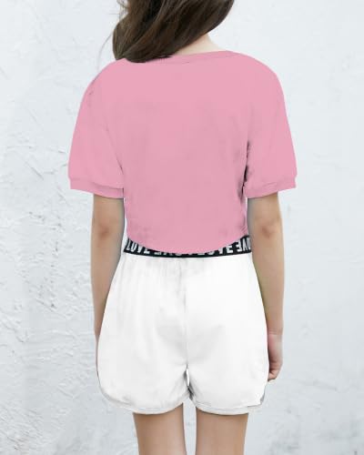 Image of Betusline Girls Summer 2 Piece Outfits,Kids Short Sleeve Crop Top & Shorts Set with Side Pockets