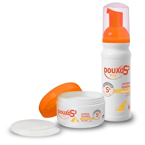 DOUXO S3 PYO Mousse Antibacterial & Anti-Yeast Mousse For Dog No Rinse Chlorhexidine Hypoallergenic Fragrance 150ml PYO Pads Dog & Cat Feet Wipes, Antiseptic, Soothing Purifying & Hydrating x30