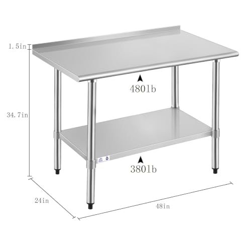 Image of ROCKPOINT Stainless Steel Table for Prep & Work with Backsplash 24x48 Inches, NSF Metal Commercial Kitchen Heavy Duty Table with Adjustable Under Shelf and Table Foot for Restaurant, Home and Hotel