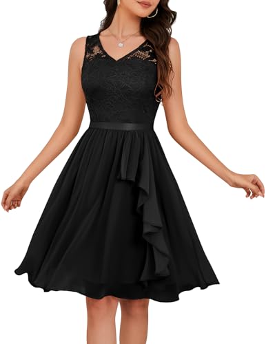 Meetjen Abendkleid Kurz Chiffonkleid Damen Elegant Knielang Spitzenkleid für Hochzeit Gast Cocktail Party Kleid Schwarz L