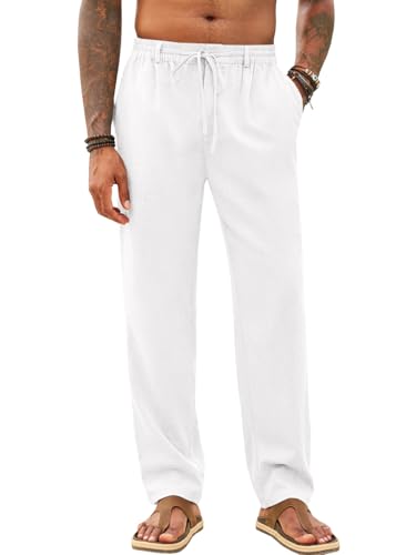 Runcati Mens Casual Pants Linen Elastic Waist Drawstring Lightweight Pants Loose Fit Summer Beach Yoga Trouser