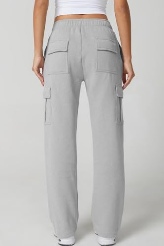 Image of QINSEN Baggy Medium Waist Elastic Sweatpants for Womens Casual Long Fleece Cargo Pants with Pockets