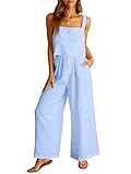 ANRABESS Women's 2 Piece Outfits Linen Pants Jumpsuit Matching Lounge Set Casual Summer Beach Vacation Trendy Clothes, Sky, Medium