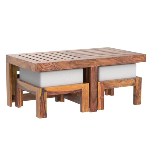 Genuine Decor Solid Rosewood Wood Coffee Table Living Room with 4 Stools New CNC Design Center Table | Hotel | Lounge | (GD01)
