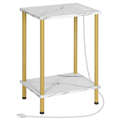 HOOBRO Side Table with Charging Station, End Table with USB Port and Outlet, Nightstand with 2-Layer Storage Shelves for Small Spaces, Living Room, Bedroom, Stable Frame, Gold and Marble DM09UBZ01