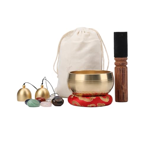 Bol chantant tibétain sonore accordé à la main avec 7 pierres chakras, 2 cloches et sac transport, outil méditation portable, cadeau spirituel yoga...