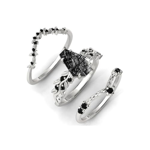 Natural Hexagon Black Rutilated Quartz Engagement Ring Set 925 Sterling Silver Rings for Her with Free Engraving Jewelry Gift for Women Black Rutilated Quartz Vintage Ring Set Size 4-12 -22