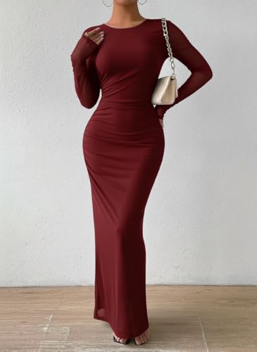 Image of LIGHT DOT Women's Printed Bodycon Maxi Dress Long Sleeve Tie Dye Mesh Ruched Cocktail Dress