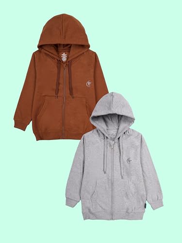 Image of KiddoPanti Boys Solid Cotton Full Sleeve Zip-Up Front Open Hooded Sweatshirt