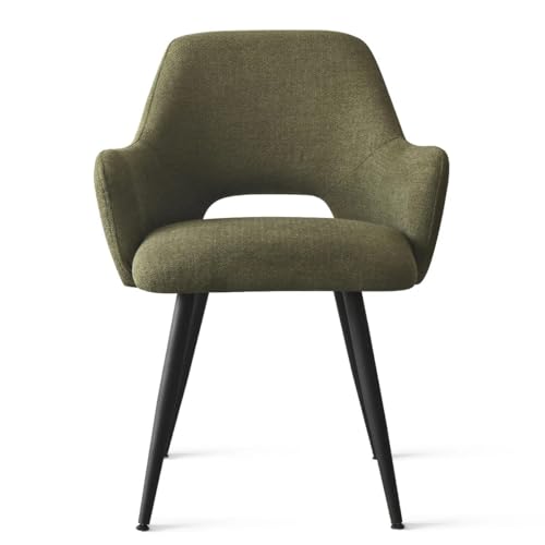Image of Finch Fox Motel Luxurious Home Collection Upholstery Fabric Arm Dining Room Chairs in Olive Green Color with Black Metal Powder Coated Legs (Set of 2)