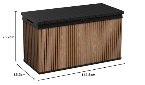 Keter Auflagenbox/Kissenbox 570 Liter l 100% Wasserdicht l mit Belüftung dadurch kein übler Geruch/Schimmel l Moderne Holzdielenoptik l Deckel belastbar bis 300 KG (2 Personen)