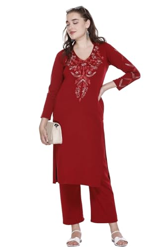 Image of Rosary Women's Woolen Winter Embroidered Kurta with Palazzo Pant | Warm Ethnic Suit Set - 2 Piece Outfit