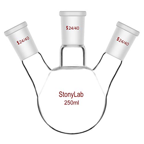 StonyLab Borosilicate Glass 3 Neck Round Bottom Flask RBF, with 24/40 Center and Side Standard Taper Outer Joint – 250ml