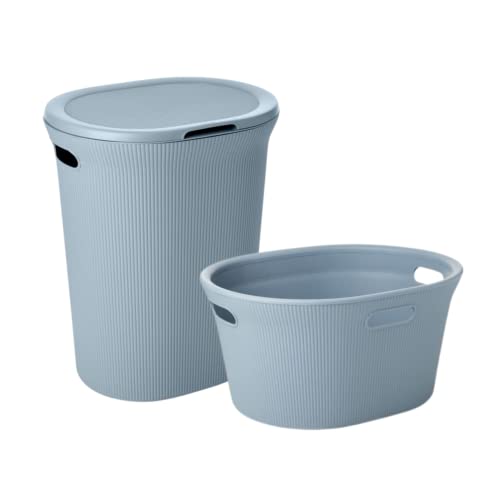 Image of Superio Ribbed Collection - Decorative Plastic Laundry Basket & Laundry Hamper with Lid and Cut-Out Handles, Blue (Set of 2) Organzier for Bedroom Bathroom College Dorm Room