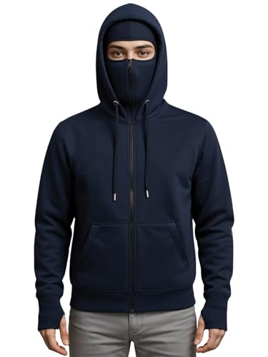 Image of ADRO Men Balaclava Hoodies | 320 GSM Soft Cotton Zipper Hoodie | Thumb-Hole Cuff Gloves | Travel Jacket with Hood | Winter Sweatshirt