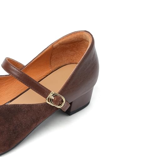 TinaCus Women's Suede Leather Pointed Toe Irregular Opening Chunky Heel Handmade Mary Jane Shoes3