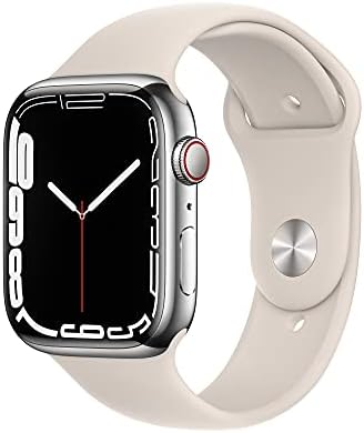 Apple Watch Series 7 [GPS + Cellular 45mm] Smart Watch w/ Silver Stainless Steel Case with Starlight Sport Band. Fitness Tracker, Blood Oxygen & ECG Apps, Always-On Retina Display, Water Resistant