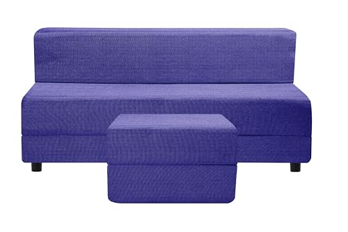 Image of 5X6-Feet Leg Sofa Cum Bed with Ottoman | Jute Fabric 3 Seater Convertible Sofa Bed | Modern Space Saving Furniture for Living Room | Purple