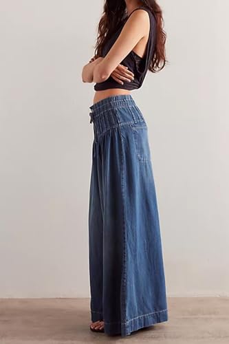 yoeasy Womens Mid Rise Wide Leg Jeans Elastic Drawstring Loose Ruffle Pleated Denim Pants Y2k Baggy Boyfriend Jeans3