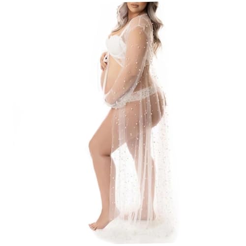 Vestido de Maternidad Perla, Vestido de sesión de Maternidad de Manga Larga hinchada 80.7, Tul Fluido Sexy con Correa, Blanco para sesión de Fotos, Tul de Talla única