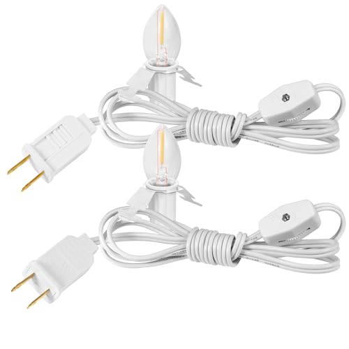 GANGZHIZI 2 Pack Christmas C7 Accessory Cord with Light Bulb E12 Light Socket Cord with On/Off Switch Plug C7 Candelabra Light Bulbs for Christmas Village House Pumpkin Lights Holiday Decorations