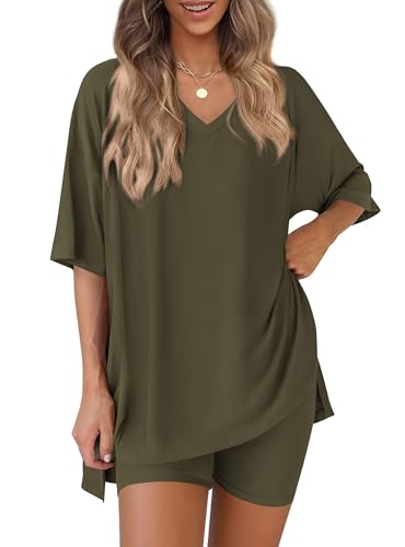 Image of PRETTYGARDEN 2 Piece Sets for Women Summer 2026 Lounge Short Set Spring Matching Biker Shorts V Neck Oversized Shirt Clothing