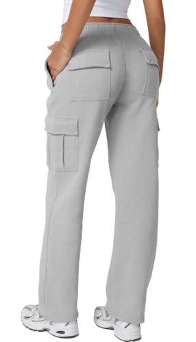 Image of QINSEN Baggy Medium Waist Elastic Sweatpants for Womens Casual Long Fleece Cargo Pants with Pockets