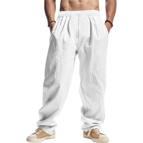 Mens Linen Beach Pants Cover Up Straight Leg Gauze Pants Beach Summer Vacation Elastic Waist Work Pant with Pockets Lightweight Linen Trousers Men Wide Leg Baggy Yoga Pant Gauze Clothing for Men