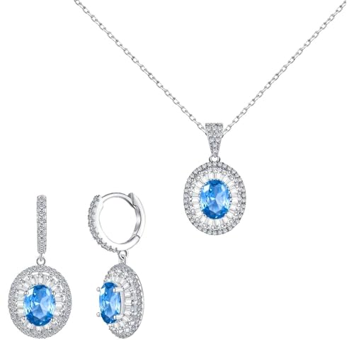 925 Sterling Silver Jewelry Set - Oval Blue Topaz-Tone and CZ Diamond Halo Necklace with Matching Earrings, Dainty Pendant Set with Exquisite Leather Box
