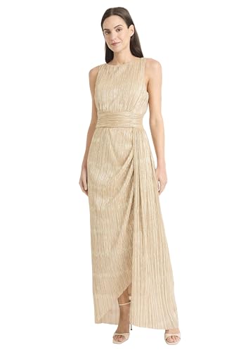 Maggy London Women's Textured Metallic Pleated Formal Maxi Dress with Wrapped Waistband and Side Slit-Sleeveless Evening Gown