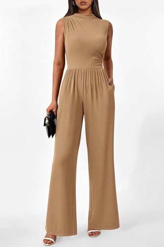 Image of PRETTYGARDEN Women's Summer Dressy Casual Jumpsuits | Cozy Ribbed Fabric, Sleeveless Mock Neck, Back Zipper, Pockets, Wide Leg Pants Rompers, Fashion Clothing, One Piece Outfits