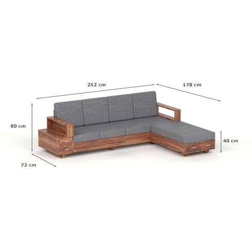Image of Sheesham Wood L Shape Sofa Set for Living Room with Storage Drawers and 40 Density Cushion | Solid Wooden Corner Sofa Set with Grey Fabric Upholstery