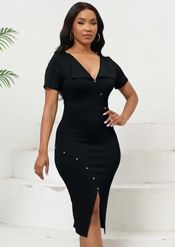 Image of Fooullaide Women's Sexy Bodycon Mid Dress Stretch Short Sleeve V Neck Cocktail Party Dresses