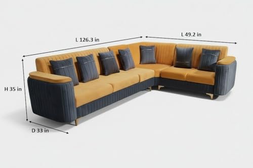 Image of APRODZ Wooden Sofa Set 7 Seater for Living Room, Solid Wood L Shape Sofa with Coffee Table and Two Ottoman Stools, 7 Seater Sofa for Home Office, Yellow & Grey