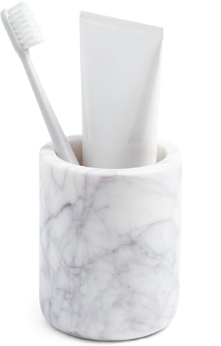 Cork & Mill Marble Toothbrush Holder Cup for Bathroom Real White Marble Stone Bathroom Accessory Aesthetic Decorative Countertop Organizer for Tooth Brush & Toothpaste