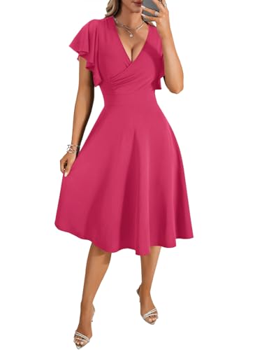 Image of LYANER Women's Warp V Neck Ruffle Short Sleeve A Line Swing Flared Cocktail Party Midi Dress