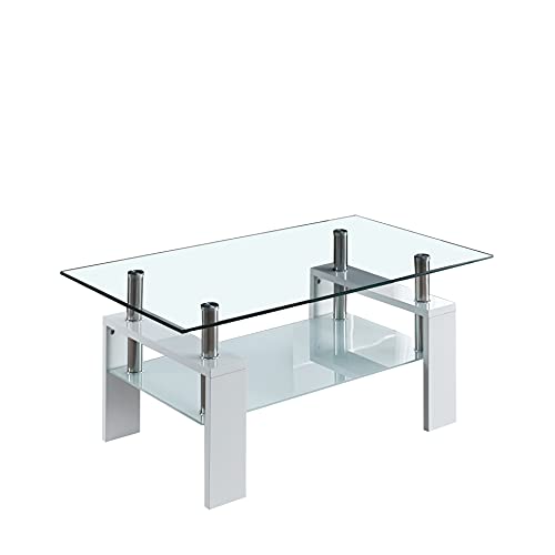 Goujxcy Rectangular Glass Coffee Table with Wooden Legs