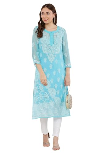 Image of FAWOMENT Women's Designer Straight Georgette Hand Embroidered Lucknowi Chikankari Kurta Designed in Side Jhaar Pattern Alongwith Slip