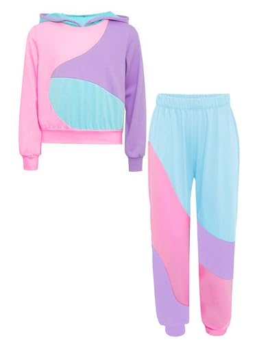 TiaoBug Kids Girls Long Sleeve Color Block Hoodie with Sweatpants 2 Piece Tracksuit Casual Streetwear3