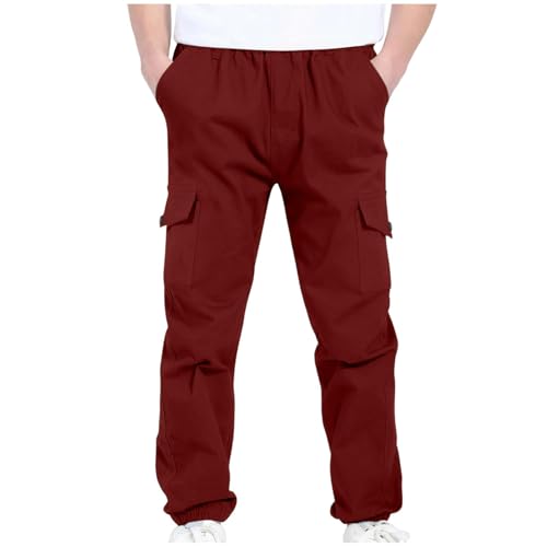 Boys Cargo Pants Casual Solid Color Elastic Waist Trousers with Multi Pockets Comfy Trendy Lounge Sweatpants 4-13Y2