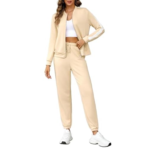 Totatuit Women's Tracksuit Sets 2 Piece Outfits Long Sleeve Zip Up Sweatshirt Long Pants Jogger Lounge Sweatsuit Sets Beige Small