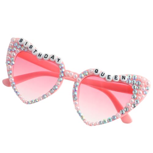 Birthday Glasses for Girls, Birthday Queen Sunglasses for Women, Pink Rhinestone Heart Shaped Party Glasses for Birthday Gifts Accessories