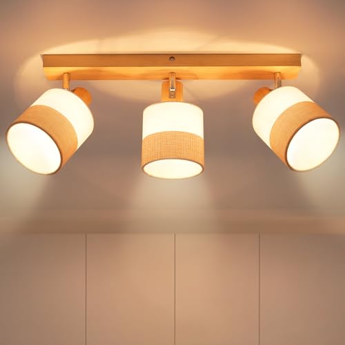 Glitzerlife Deckenstrahler 3 Flammig Deckenlampe Holz - Deckenleuchte Vintage E14 Lampe Küche Stoffschirm Retro Schwenkbar 350° Deckenspot MAX.25W Flur Schlafzimmer Wohnzimmer, Ohne Leuchtmittel